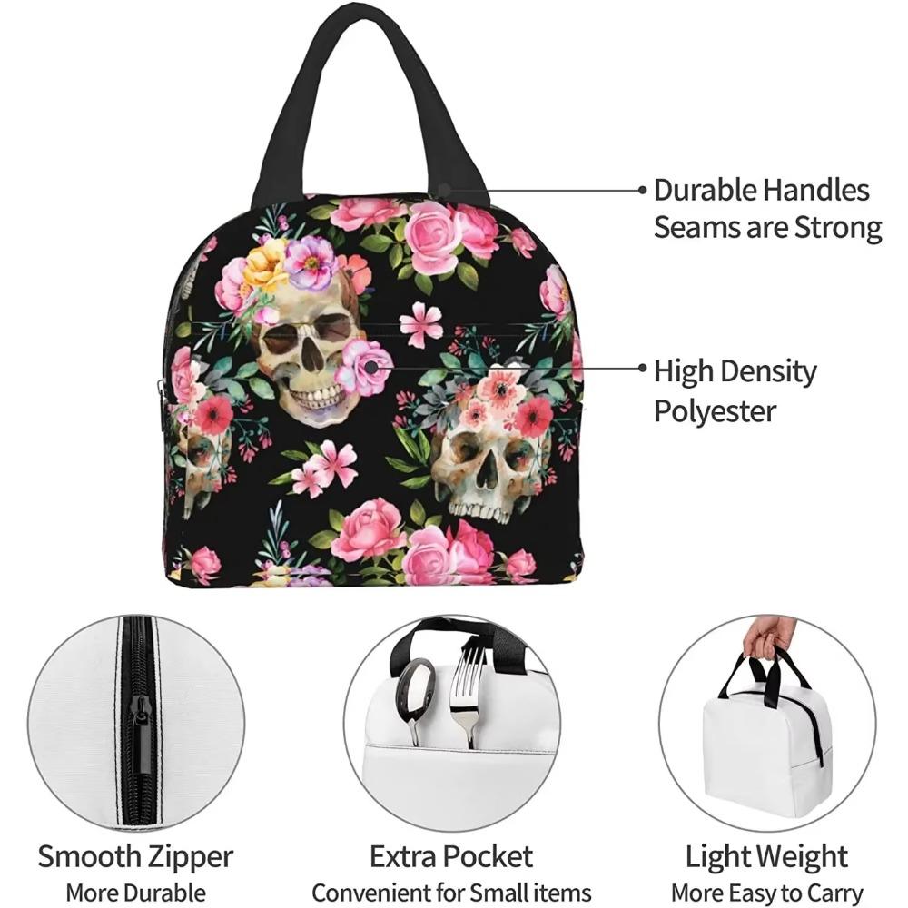 Skull Insulated Lunch Bag Halloween Horror Skeleton Flowers Lunch Box Horror Lunch Tote Cooler Bags for Work School Picnic Beach
