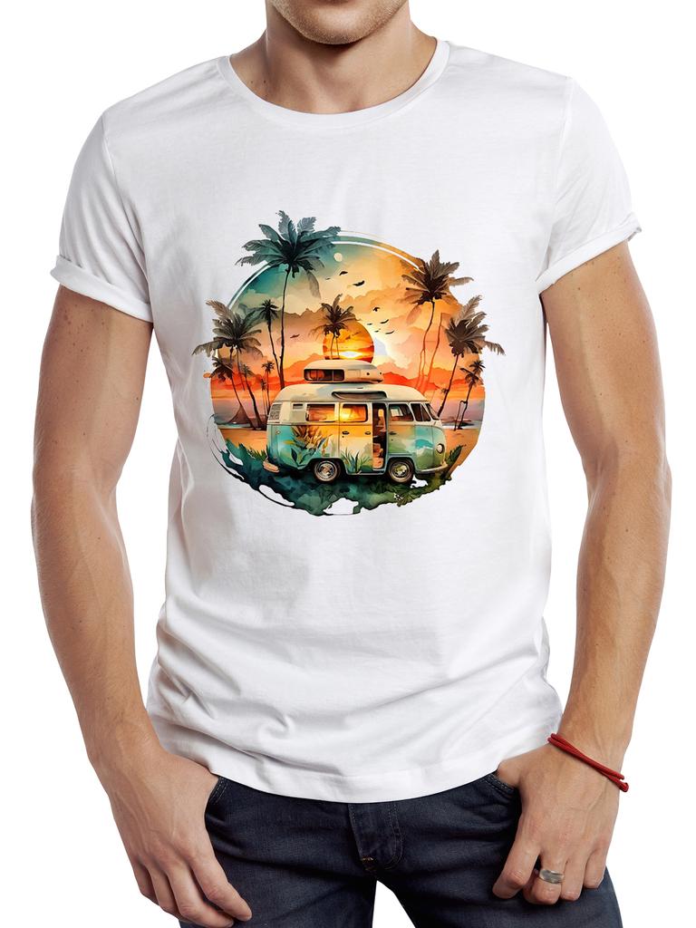 TEEHUB Men Vintage Sunset Printed T shirt Funny Camping Bus Printing Tops