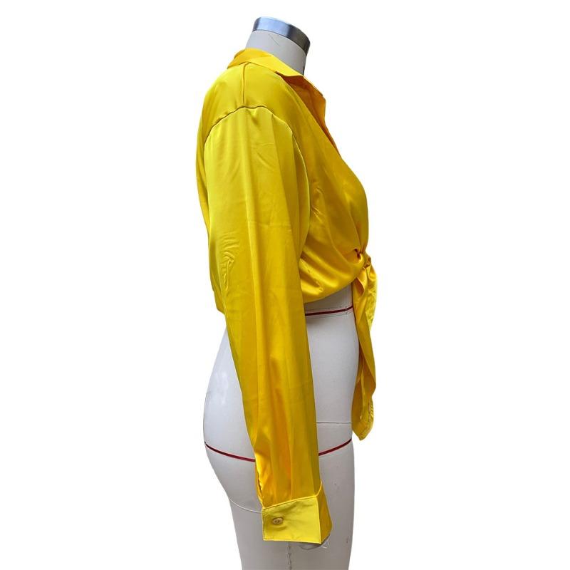 Dámská móda pro jaro a podzim ve větších velikostech, temperamentní košile s klopou a dlouhým rukávem, odhalující pupík, krátké dámské topy