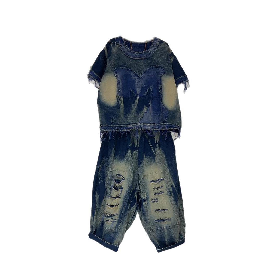 Personalized contrasting colors make old denim rough edge short-sleeved tops Harlan pants two-piece set women's summer style foreign style fashion