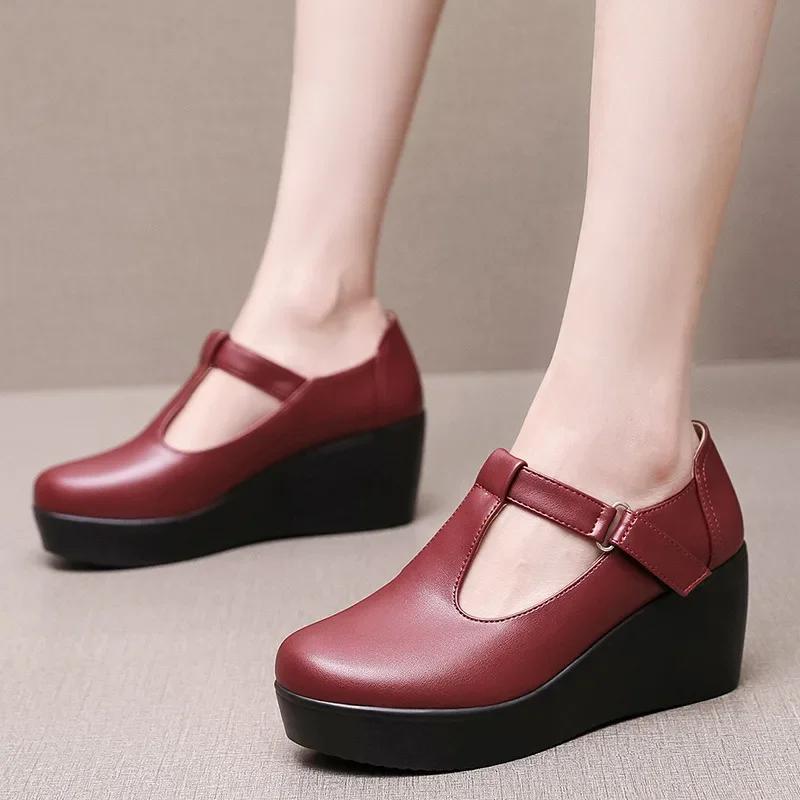6cm Small Size 32-43 Vintage All Match Comfortable Shallow Soft Leather Mary Janes 2025 Fall Med Heels Platform Wedges Shoes Mom
