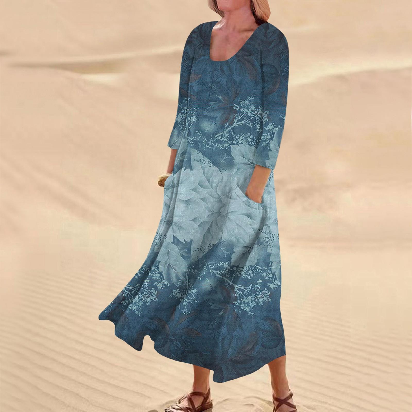 

Женское повседневное удобное хлопковое карманное платье с цветочным принтом и рукавами три четверти XXL синий