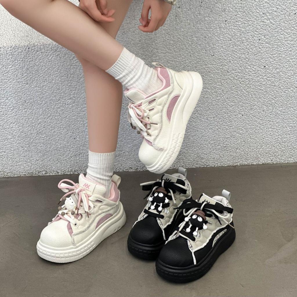 Leather thick-soled heightened ugly cute big-headed shoes for women's 2025 spring and autumn new models, light and comfortable soft-soled small bre