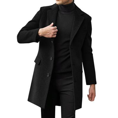 Men Winter Solid Color Suit Coat Lapel Long Sleeve Flap Pockets Single-breasted Mid-length Warm Jacket Overcoat