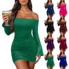 Women's New Arrival Sexy Off,Shoulder Long,Sleeve Bodycon Pleated Color Dress