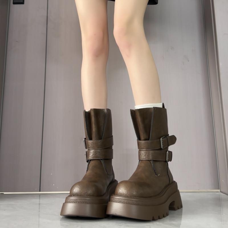 Vintage Platform Thick Heel Women Knight Boots Fashion Belt Buckle Height Increase Shoes Winter Punk Style Women'S Short Booties