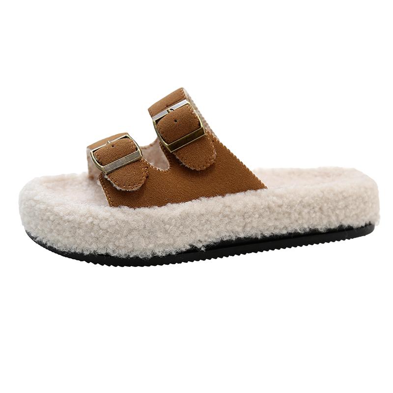 Fashion Women's Slippers Fur Plush Platform Wear Non-slip Slippers Casual Fashion Pin Buckle Roman Flip-flops Winter New Style