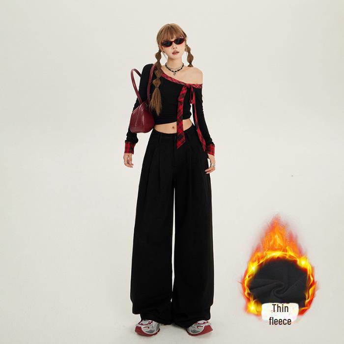 

Женские ретро-джинсы с высокой талией, плиссировкой и широкими штанинами с бархатом для осени и зимы Medium