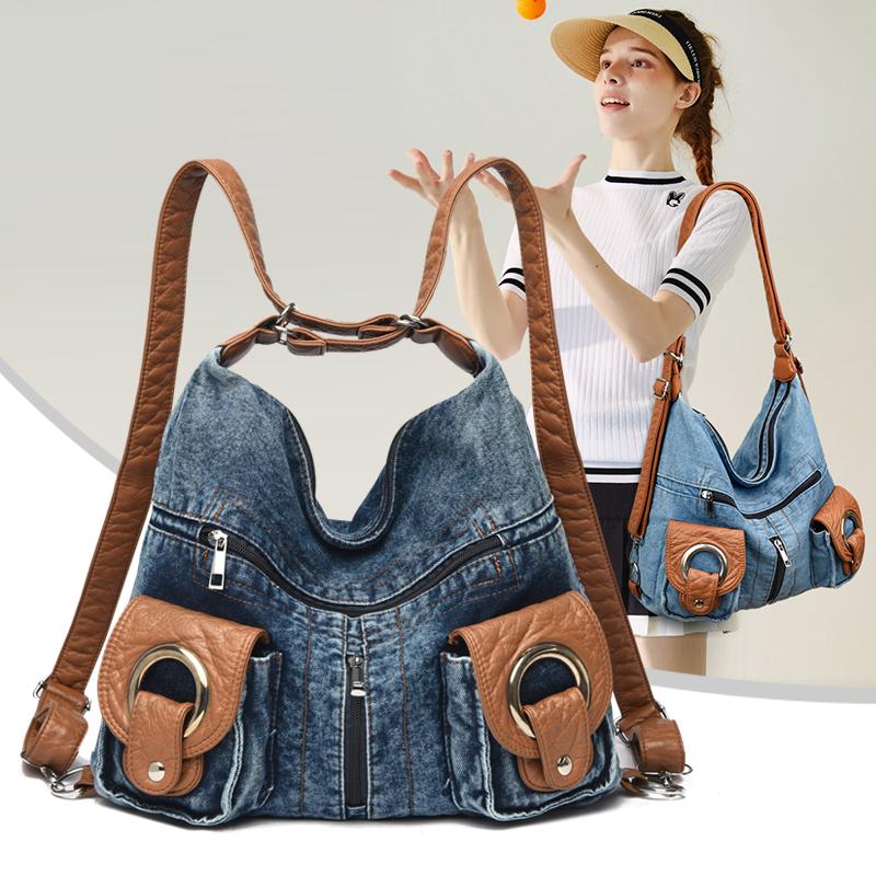 Women Fashion Denim Backpack Large Capacity Vintage Design Handbag Lady Soft Shoulder Bag Korean Beach Travel Backpacks Trend