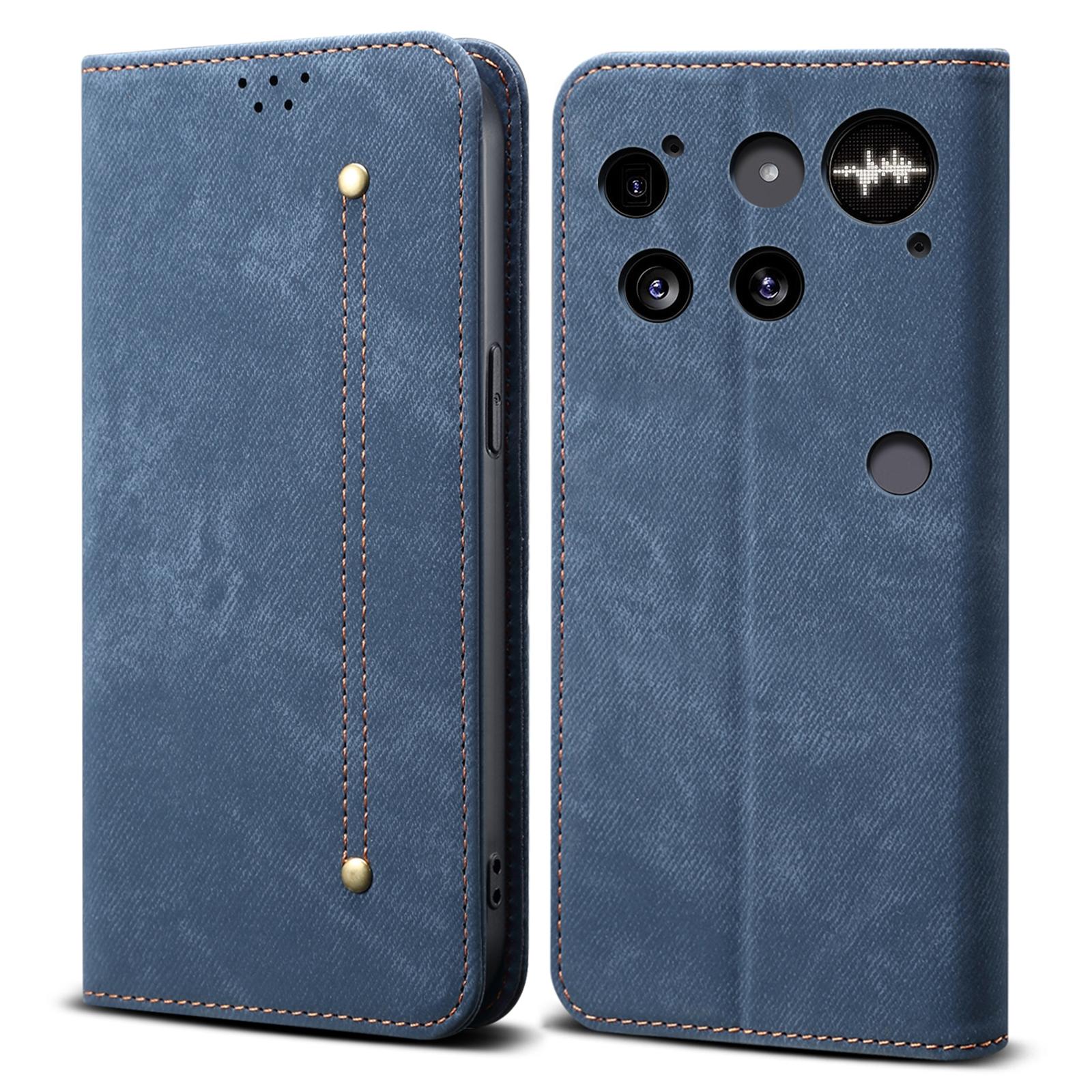 

For Nothing Phone (3) 5G Case Jeans Cloth Texture Anti-Scratch Leather Stand Phone Cover Blue