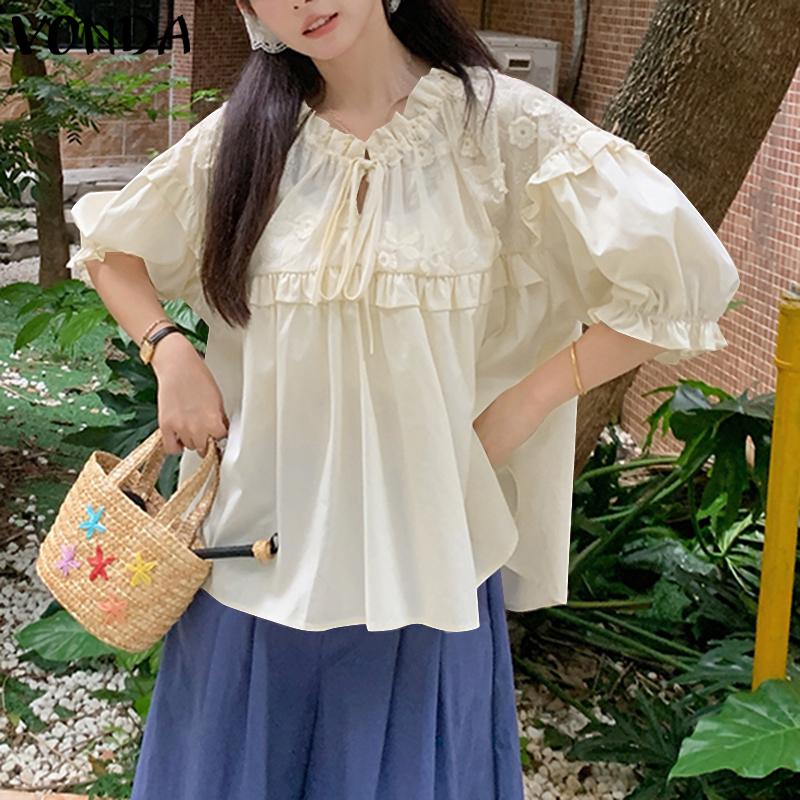 

VONDA Летняя женская блузка с рюшами, завязками, пышными полурукавами, кружевной вышивкой, пэчворком, повседневная 5XL бежевый