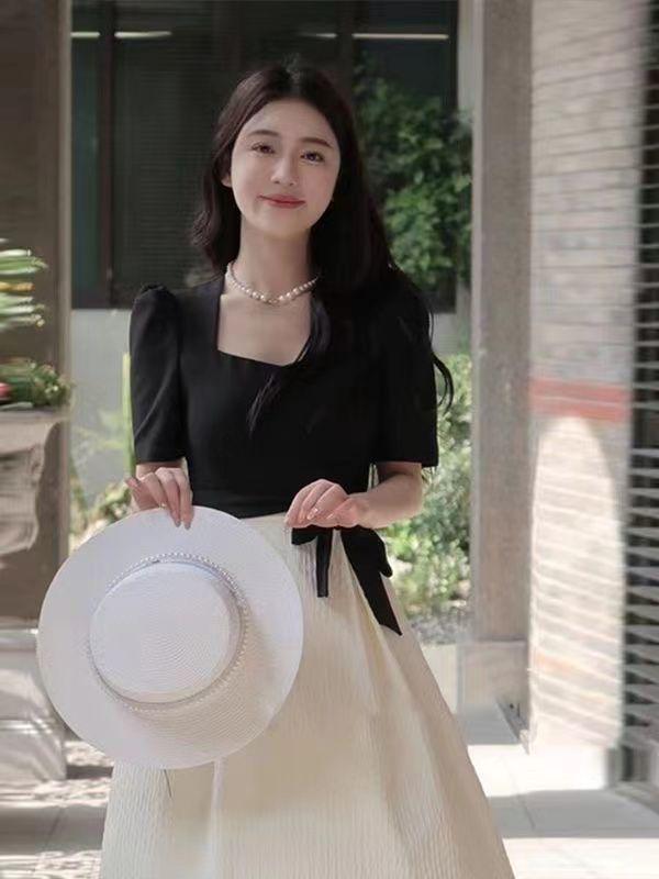 Hepburn Style Patchwork Slim Fit Petite Long Dress - Summer 2025 Korean Edition