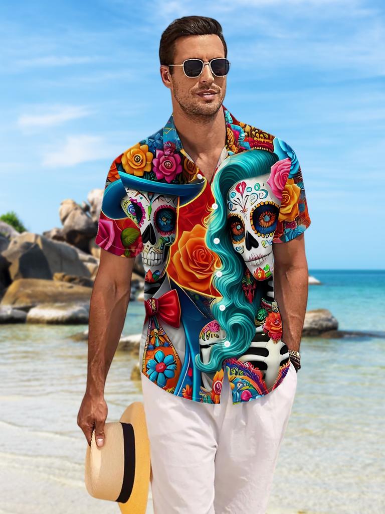 Nuova Camicia Casual a Maniche Corte da Uomo Teschio di Zucchero Coppia Fiori Intrecciati con Vestiti Colorati Stile Giorno dei Morti Festa Festiva Pendolarismo
