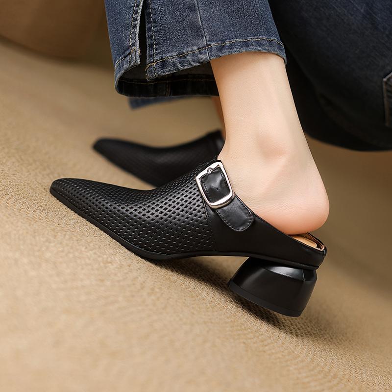 Fashion Summer Women Genuine Leather Shoes for Women Pointed Toe Hollow Out Women Sandals Cover Toe Chunky Heel Women's Mueller Slippers