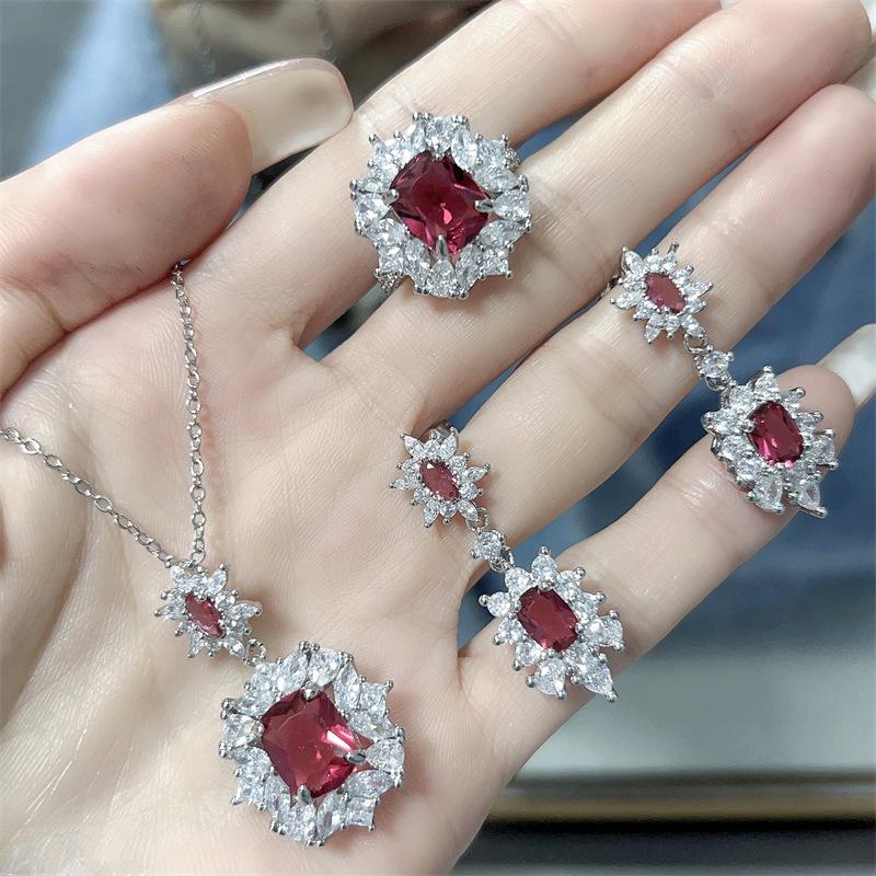 Luxurious Pigeon Blood Red Gemstone Jewelry Set: Ring, Earrings, Necklace - Celebrity Style