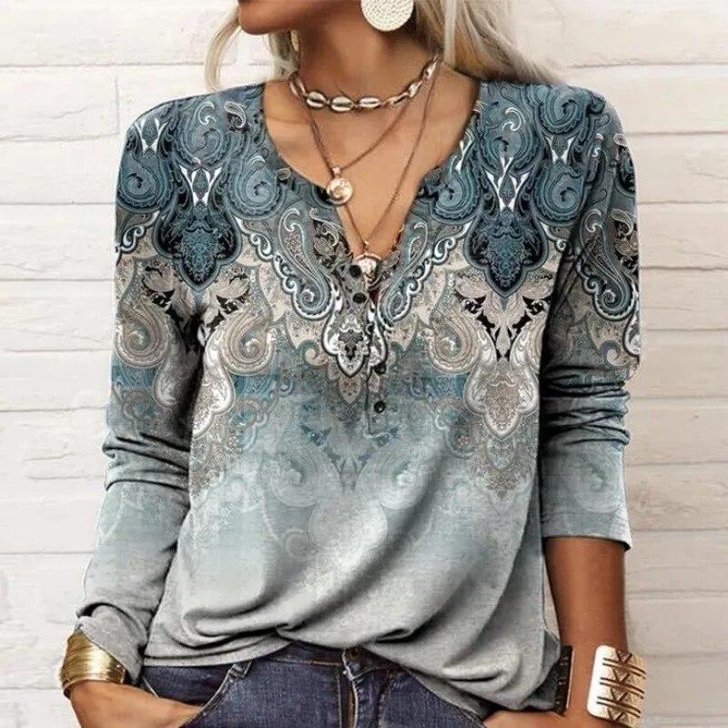 2024 Autumn/Winter Loose and Comfortable Mini Women's Long Sleeve Printed V-neck Fashion T-shirt Women Long Sleeve Top