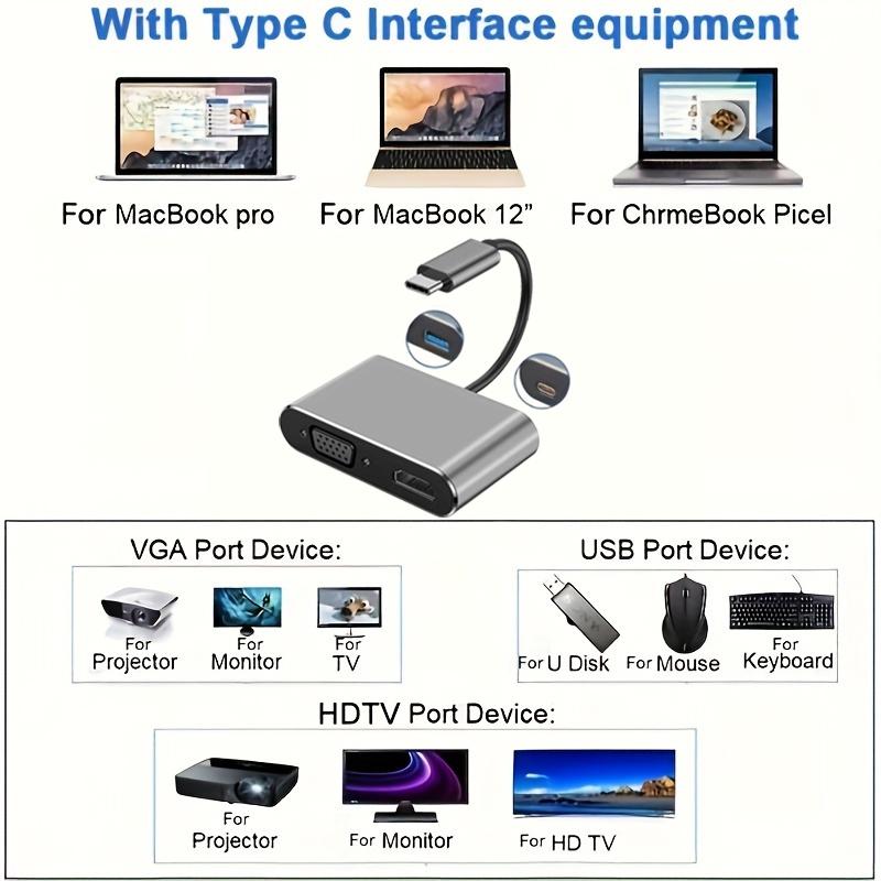 Type C Adapter Hub 4 in 1 Multiport with USB 30 VGA HDTV Digital AV and PD Charging Port Compatible