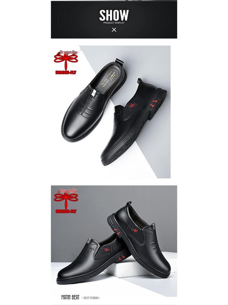 Qingting Men's 2025 Soft Sole Leather Slip-On Business Casual Shoes - Non-Slip, Round Toe, Dad Style