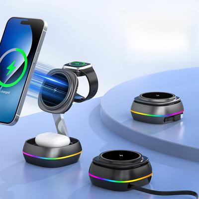 3 In 1 Magnetic Wireless Charger Retractable USB-C Cable,15W Fast Charging Foldable MagSafe Stand for iPhone Watch AirPods