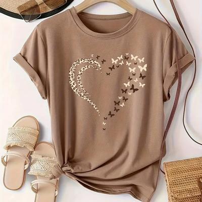 Kvinnor sommar T-shirt tryck Kärleksmönster Kortärmade T-shirts Casual tryckta toppar