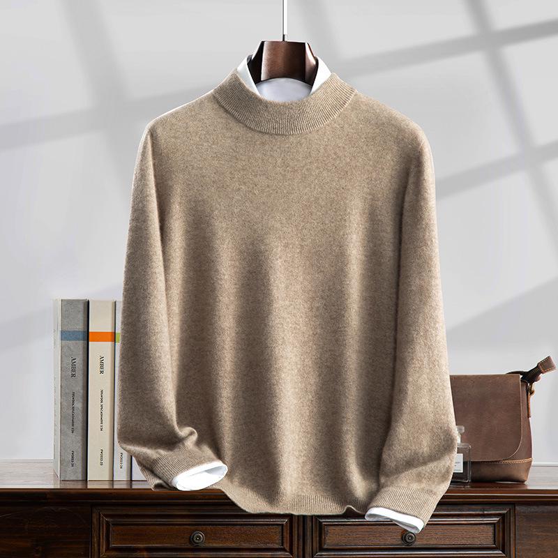 Men's 100% Pure Cashmere Half-High Collar Knit Sweater - Business Casual Long Sleeve Pullover