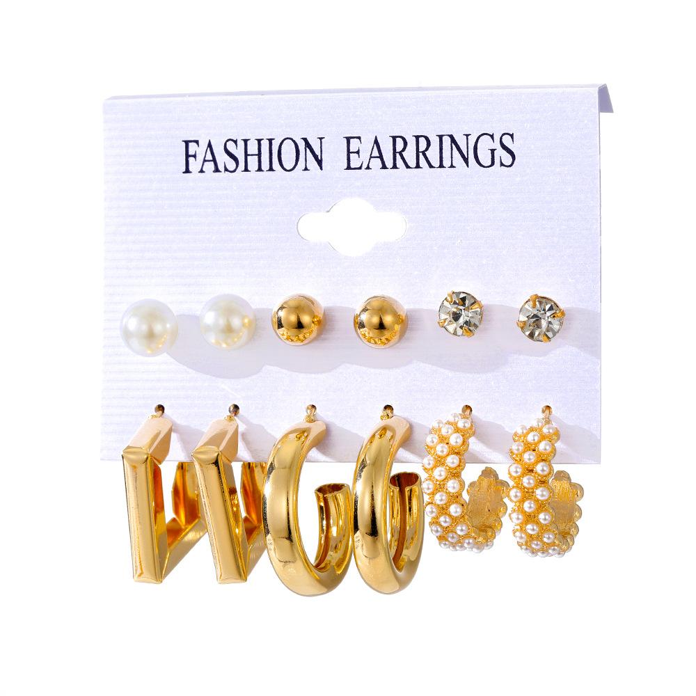 Alloy Ear Ring Square Geometric Shape Earrings Set - 6-piece Vintage Pearl Packaged Earrings Jewelry Set
