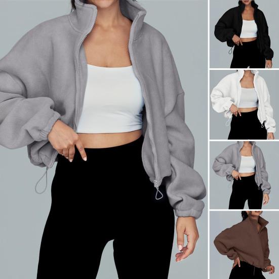 Women's Full Zip Fleece Short Jacket Winter Long Sleeve Cropped Coat Drawstring Hem Stand Collar Warm Workout Top