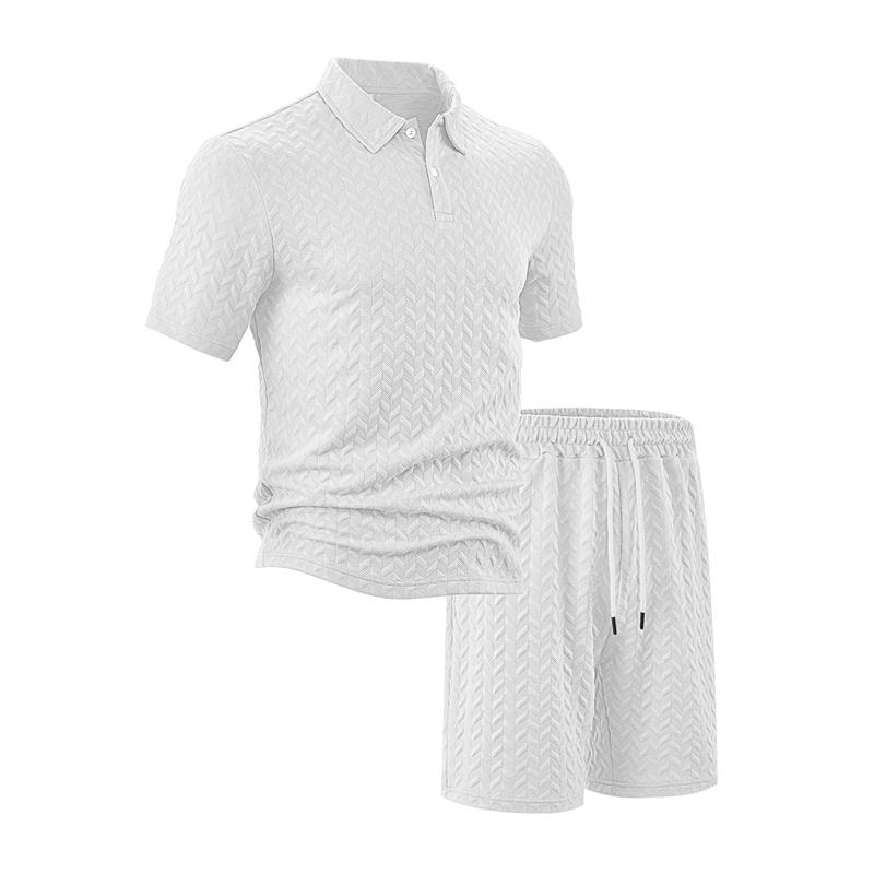 2026 New Men's Summer Casual Loose Fit T-Shirt Shorts Set Lapel Jacquard Thin Short-Sleeved Sports Polo Shirt Set