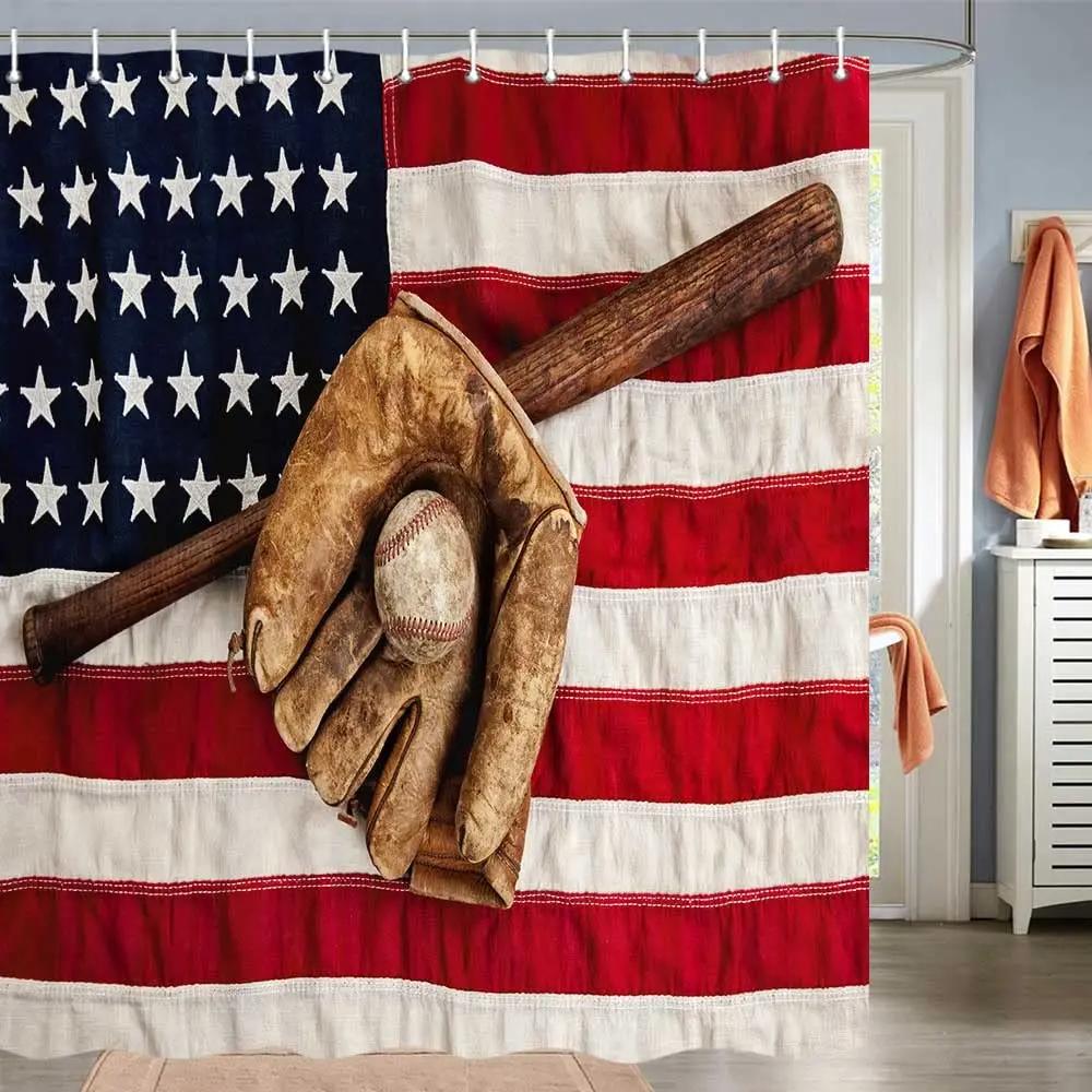 Baseball Shower Curtain Baseball Glove Sports Theme Polyester Fabric Bathtub Screen Home Decor Bathroom Curtains Set with Hooks