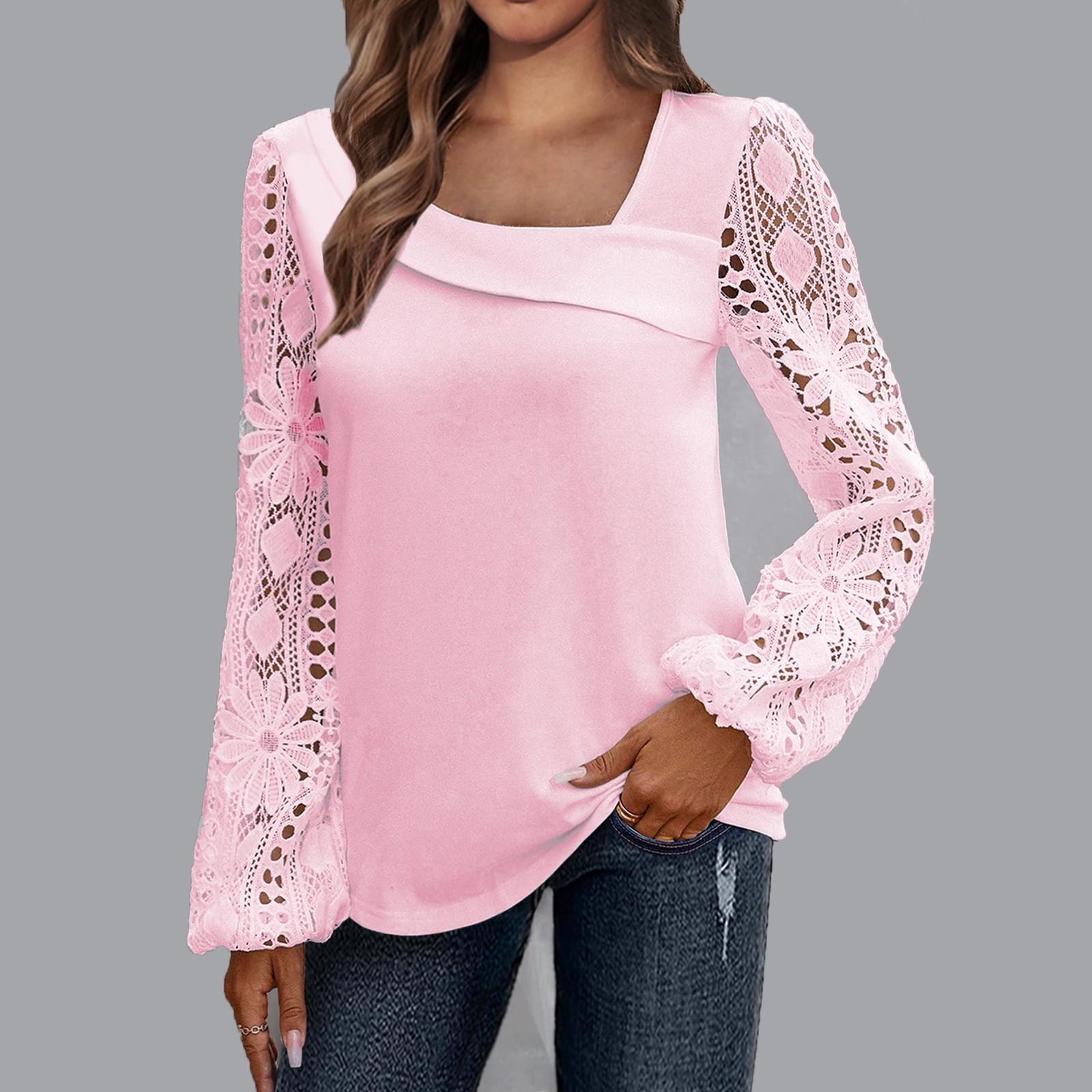 

Модные женские повседневные свободные кружевные футболки с длинными рукавами, летние топы, топы с принтом XXL розовый