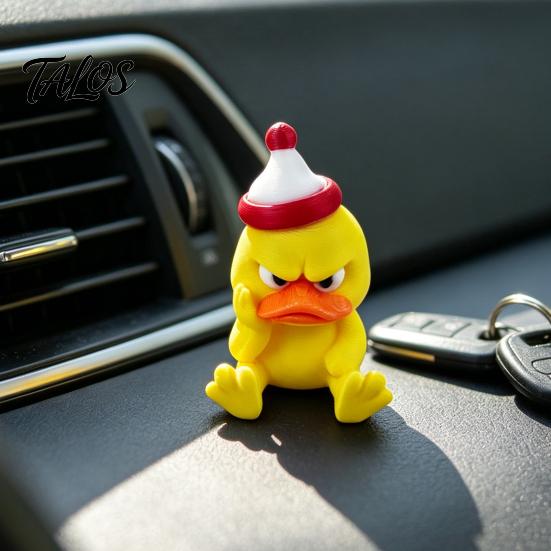 Creative Holiday Gifts 3D Printed Yellow Duck Figurine, Funny Arrogant Statue with Christmas Angry Duckling Figurines Hat, Miniature Ornament for Home