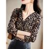 Women's Leopard Print V-Neck Ruched Blouse Half-Sleeve Sheer Casual Top