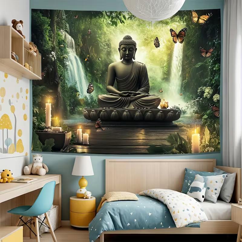 Colgante de pared con paisaje de cascada en bosque de Buda místico 2D, Tapiz de fondo estético para sala de yoga espiritual
