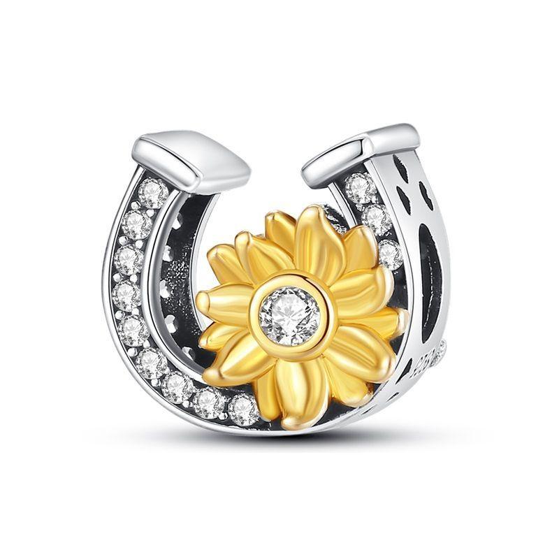 New 925 Silver Fashion Golden Sunflowers Heart Charms Beads Fit 925 Bracelets Luxury Party DIY Jewelry