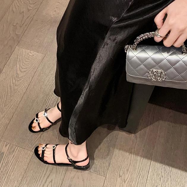 Fashion Sandals for Women Summer Round Headed Double with Heart-shaped Diamond Buckle Adjustable Sandal Slippers 2025 New Flat Sandals