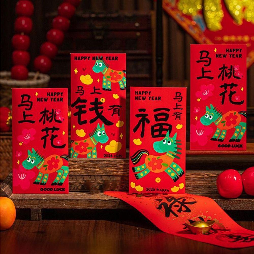 6pcs Cartoon New Year Red Envelopes Hongbao 2026 Horse Year Lucky Money Envelope Blessing Words Traditional Red Bag Gifts