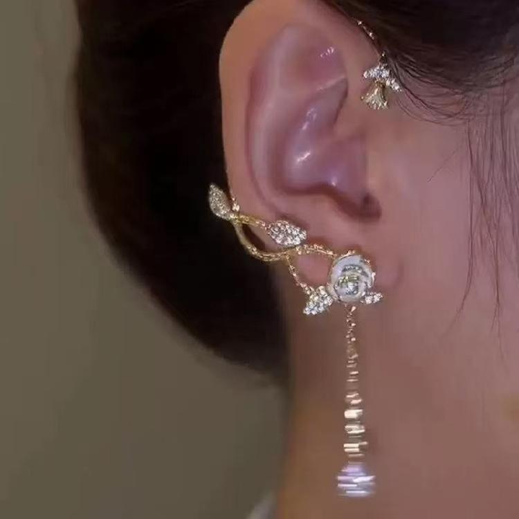 Camellia Tassels Ear Cuff with Zircon Comfortable Ear Clip Unique Flower Earring Handmade Evening Dress Accessory