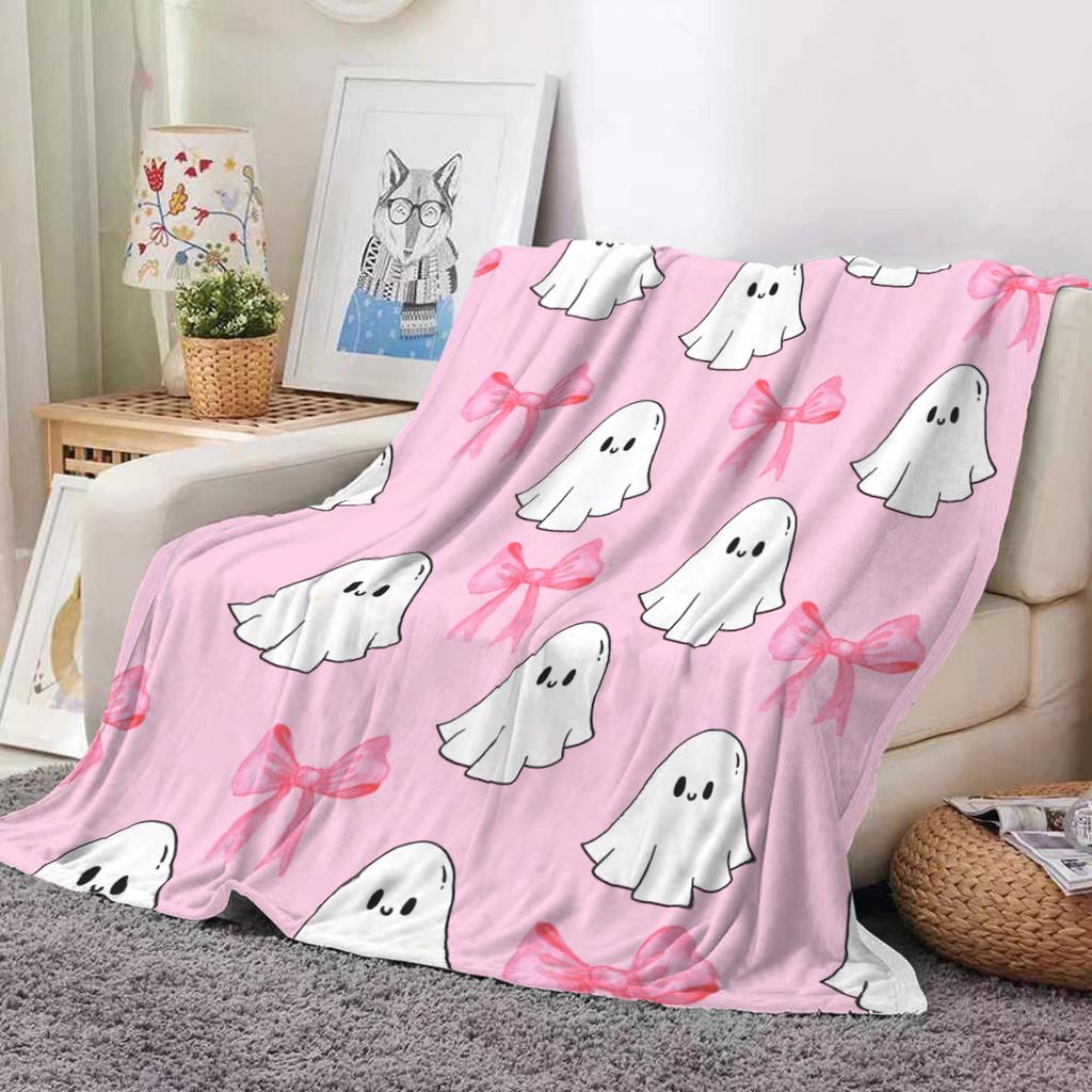 1pc Pink Sweet Bow Cute Ghost Flannel Blanket Soft and Comfortable Nap Envelope Small Cover Blanket Multi-purpose Blanket