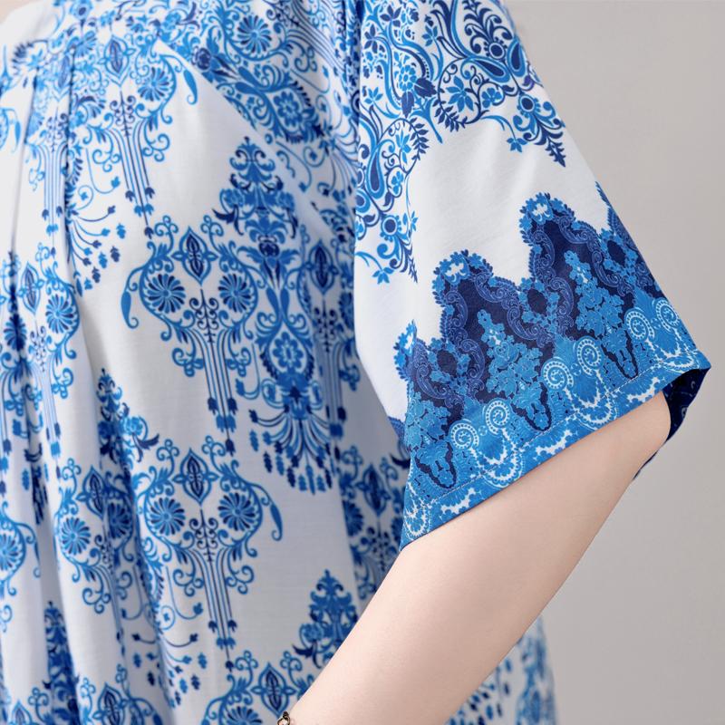 Women's Plus Size Maxi Dress, Boho Print Loose Short Sleeve Casual Dress with Pockets (XL-5XL)