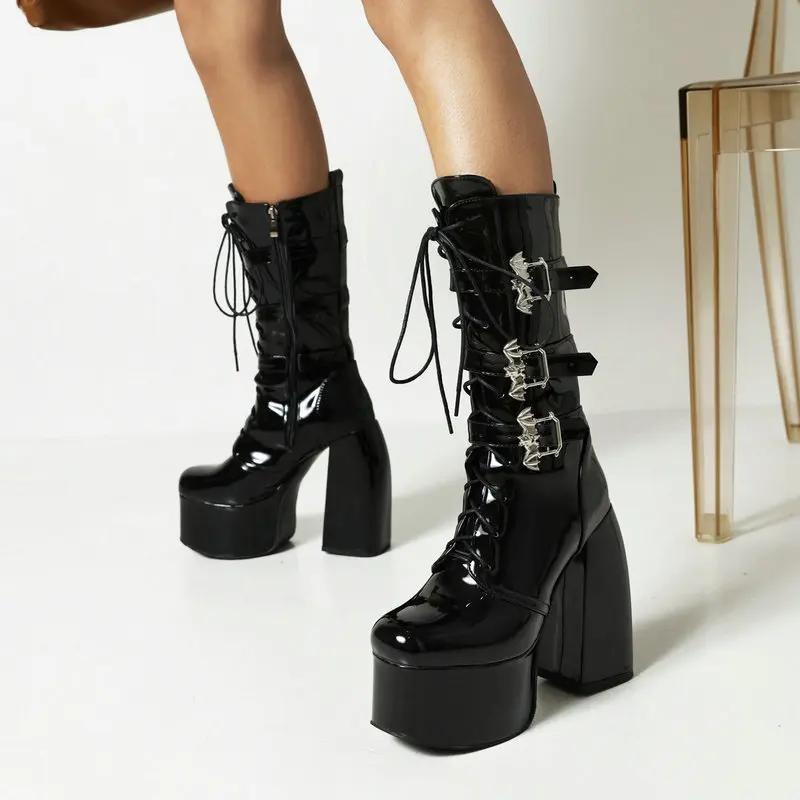 14.5cm Punk Motorcycle Boots Autumn /winter Thick Heel Ultra-high Heel Thick Bottom Strap Middle Boots Patent Leather Booties