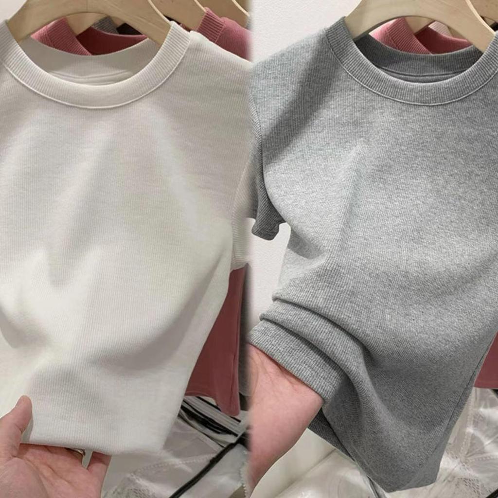 Dopamine Thread Slimming Women's Summer Short Sleeve T-Shirt – Versatile Straight Shoulder Round Neck