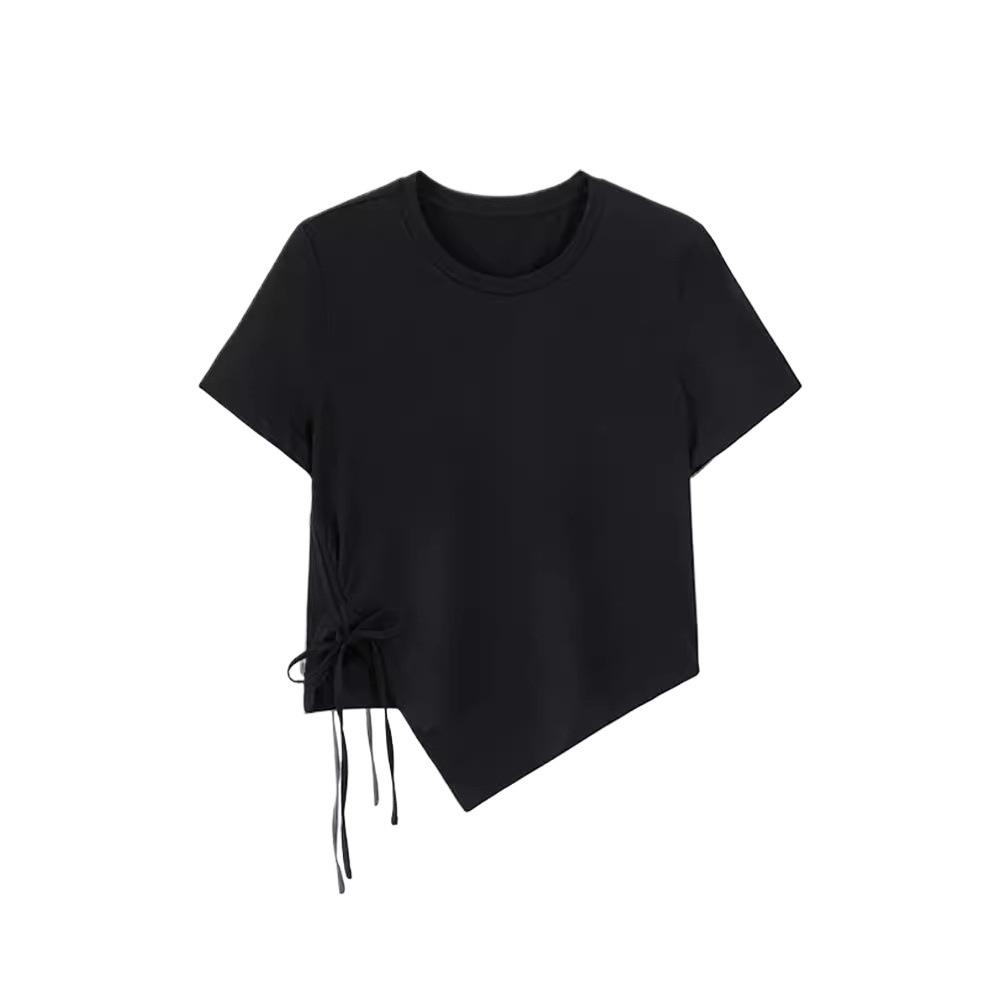 

Irregular Drawstring Hem Short Fit Slim Fit T-shirt for Women, Split Short Sleeved Top, Solid Color L