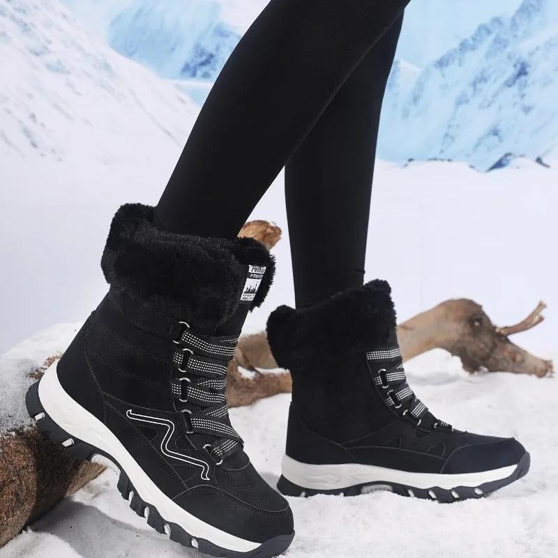 Plush Mid-top Winter Boots Women Warm Cotton Shoes Anti-slip Rubber Sole Outdoor Sneakers Plush Waterproof Ladies Hiking Footwear