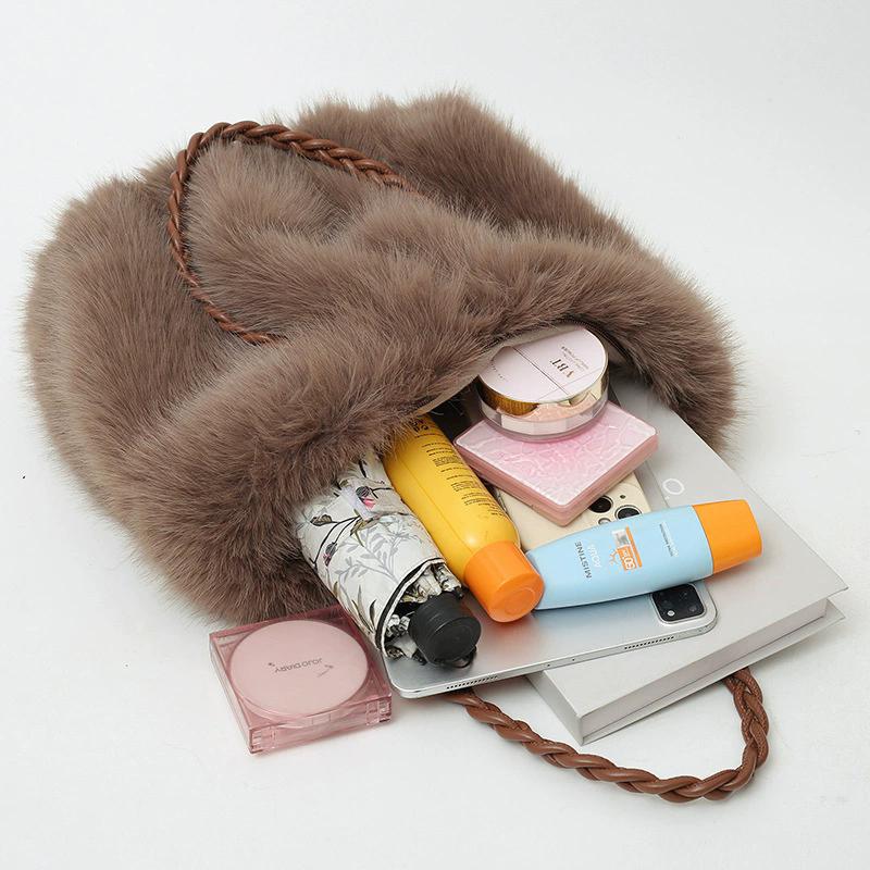 Women's Faux Fur Shoulder Bag, Large Capacity Fluffy Tote Bag with Braided Strap, Winter Warm Elegant Commuter Handbag