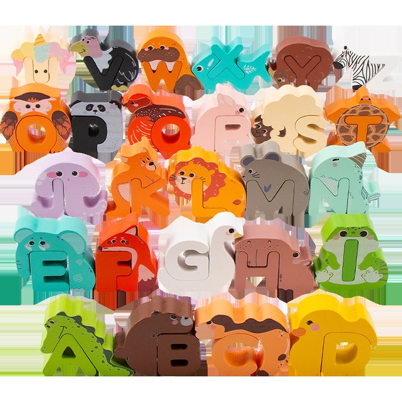 Wooden Children'S Cartoon Animals 26 Letter Capital Words Cognition Early Education Puzzle Toys