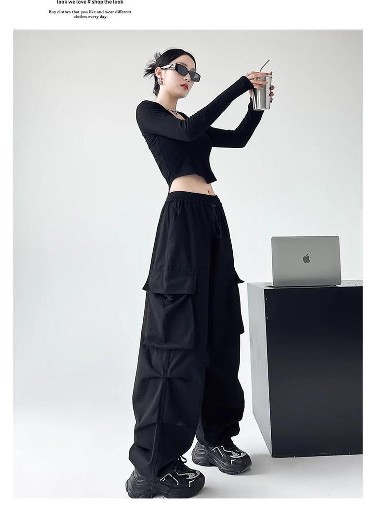 Women’s High Waist Wide Leg Windproof Cargo Pants - Black, Spring/Summer 2025 Collection
