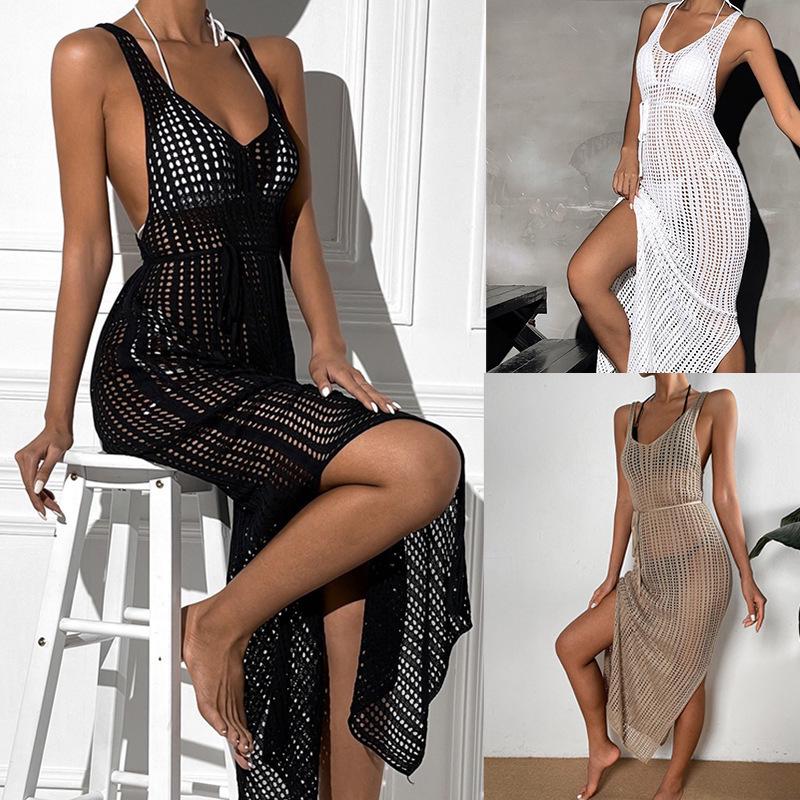 European Style Holiday Beach Knit Cover-up Dress - Backless and Hollow Out Design for Women, 2026