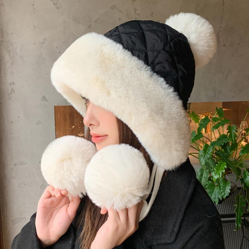 Autumn and winter women's fashion versatile cute hairball ear protection hat cold-proof thickened fluff cap pullover hat tide