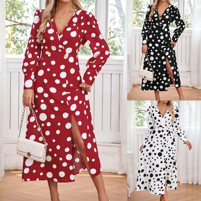 Women's Fashion Sexy Long Sleeve Printed V-Neck Gown Dresses
