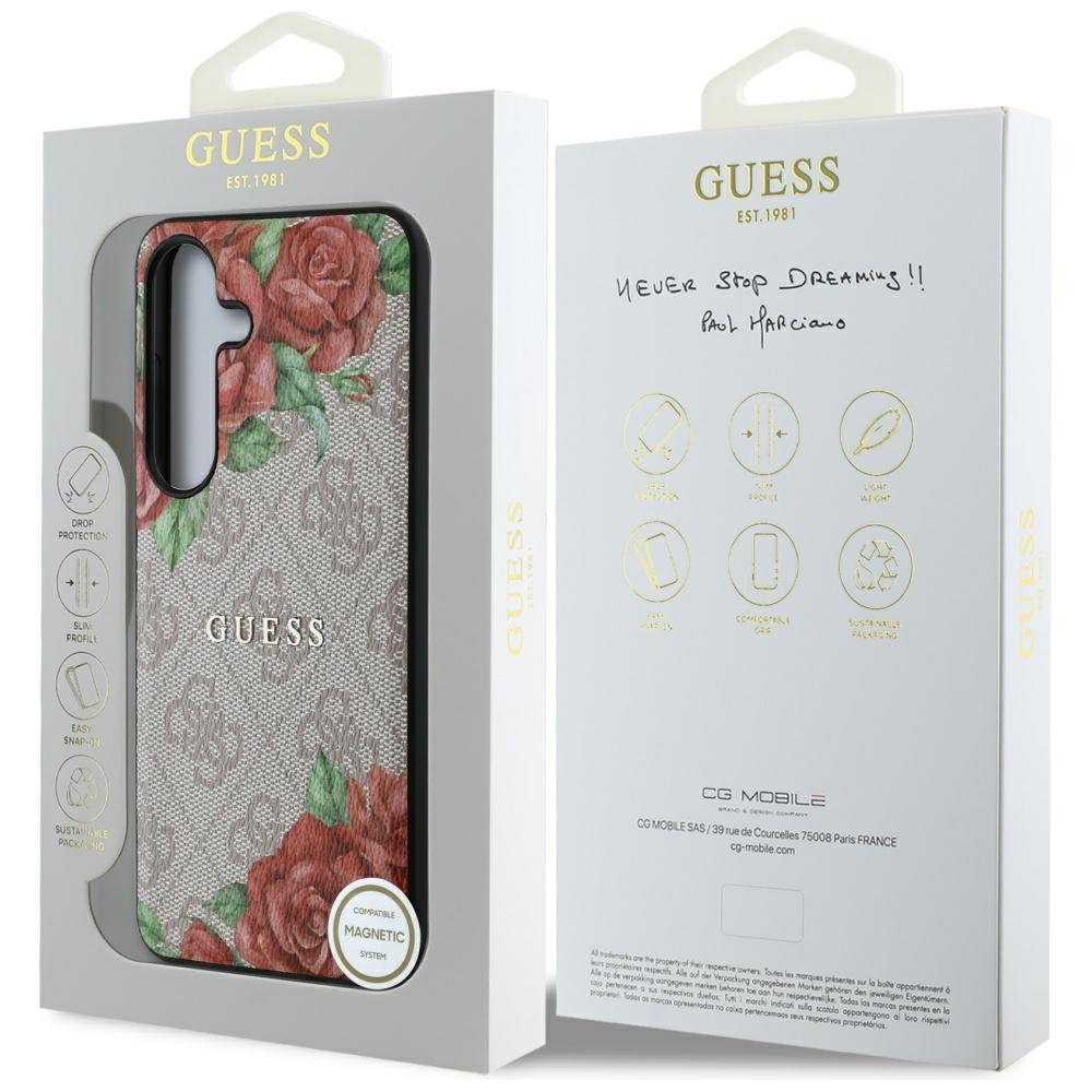 Etui Guess Leather 4G Flowers Print      Metal Classic Logo Magsafe Samsung Galaxy S25 Różowy